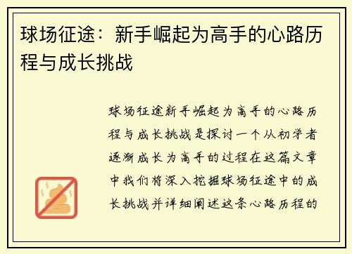 球场征途：新手崛起为高手的心路历程与成长挑战